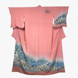 Vintage Traditional Homongi Kimono - Pink with Japanese landscape design - Pac West Kimono