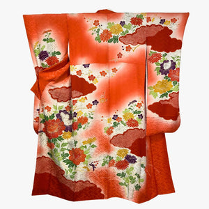 Vintage Traditional Kimono - Orange with floral designs and gold accent - Pac West Kimono