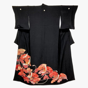 Vintage Traditional Komon Kimono - Black with Japanese crane and sensu design - Pac West Kimono