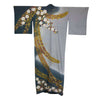 Vintage Traditional Komon Kimono - Grey with large gold leaf and white flower design - Pac West Kimono