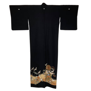 Vintage Traditional Kuro (black) Tomesode Kimono -Cranes and Flowers - Pac West Kimono