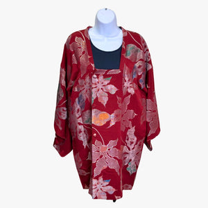 Vintage Traditional Michiyuki Coat - Red with silver floral designs - Pac West Kimono