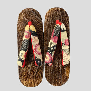 Women's Wooden Geta Sandals - Black traditional print - Pac West Kimono