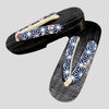 Women's Wooden Geta Sandals - Blue geometric and floral pattern - Pac West Kimono