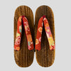 Women's Wooden Geta Sandals - Maroon with orange & yellow floral print - Pac West Kimono