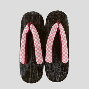 Women's Wooden Geta Sandals - Pink checkered print - Pac West Kimono