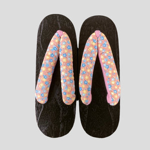 Women's Wooden Geta Sandals - Pink with yellow and blue floral print - Pac West Kimono