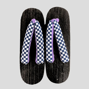 Women's Wooden Geta Sandals - Purple & blue checkered print - Pac West Kimono