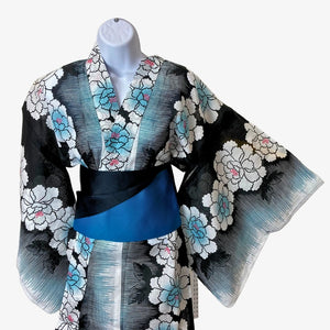 Women's Yukata - Black with blue and white floral print - Pac West Kimono