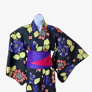 Women's Yukata - Black with purple and pink lacecap hydrangea print - Pac West Kimono