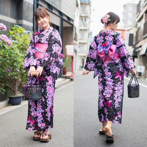 Women's Yukata - Butterfly with pink and purple flowers - Pac West Kimono