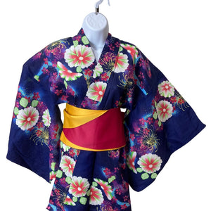 Women's Yukata - Navy blue with fireworks and floral print - Pac West Kimono