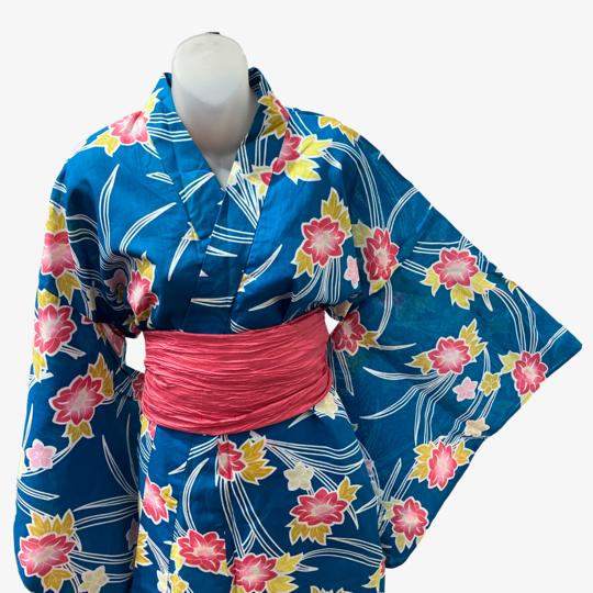 Women's Yukata XXL, XXXL - blue with pink, yellow and flowers print XXXL Yukata only without obi belt Women's Yukata XXL, XXXL - blue with pink, yellow and flowers print XXXL Yukata only without obi belt