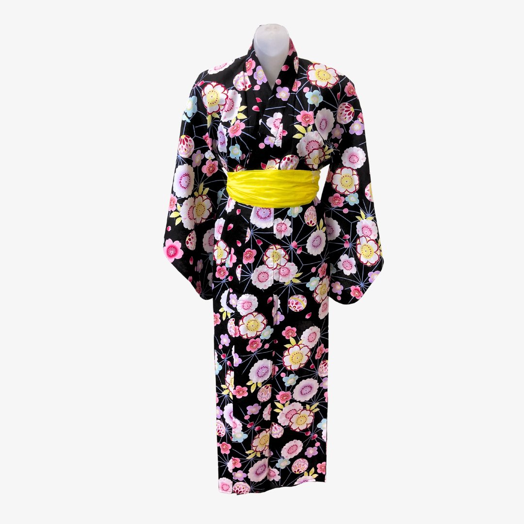Yukata Girls - Black with floral and temari print | Pac West Kimono